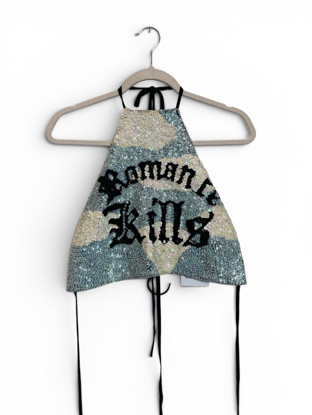 discount universe Sequin Halter Crop Top "romance kills" - Blue & Cream